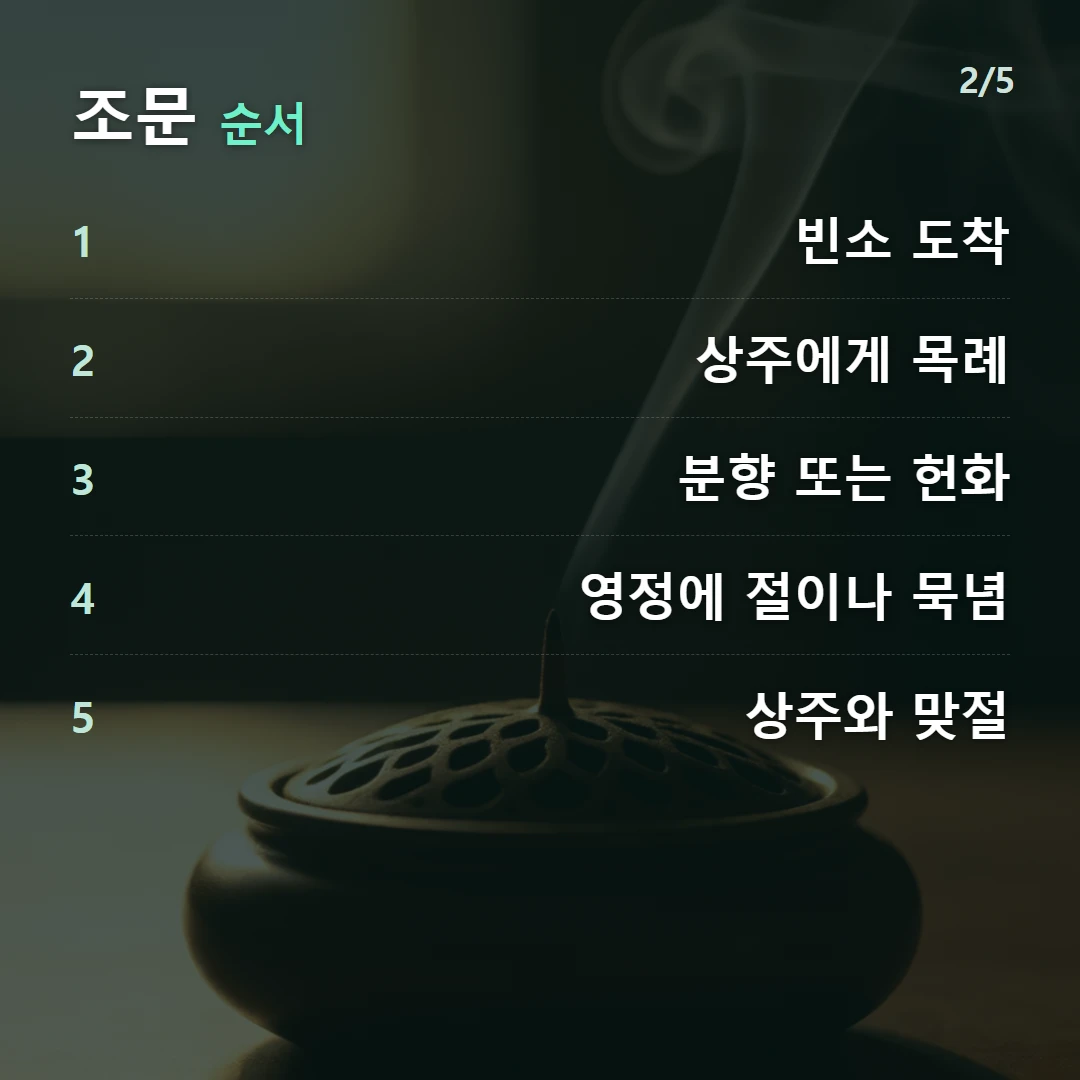 조문 순서 — 1 빈소 도착, 2 상주에게 목례, 3 분향 또는 헌화, 4 영정에 절이나 묵념, 5 상주와 맞절