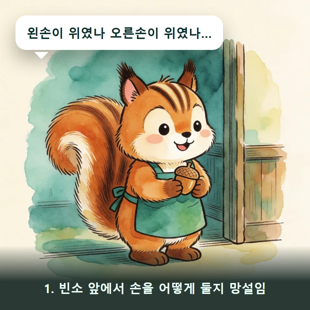 웹툰 1컷 — 1. 빈소 앞에서 손을 어떻게 둘지 망설임 (왼손이 위였나 오른손이 위였나…)