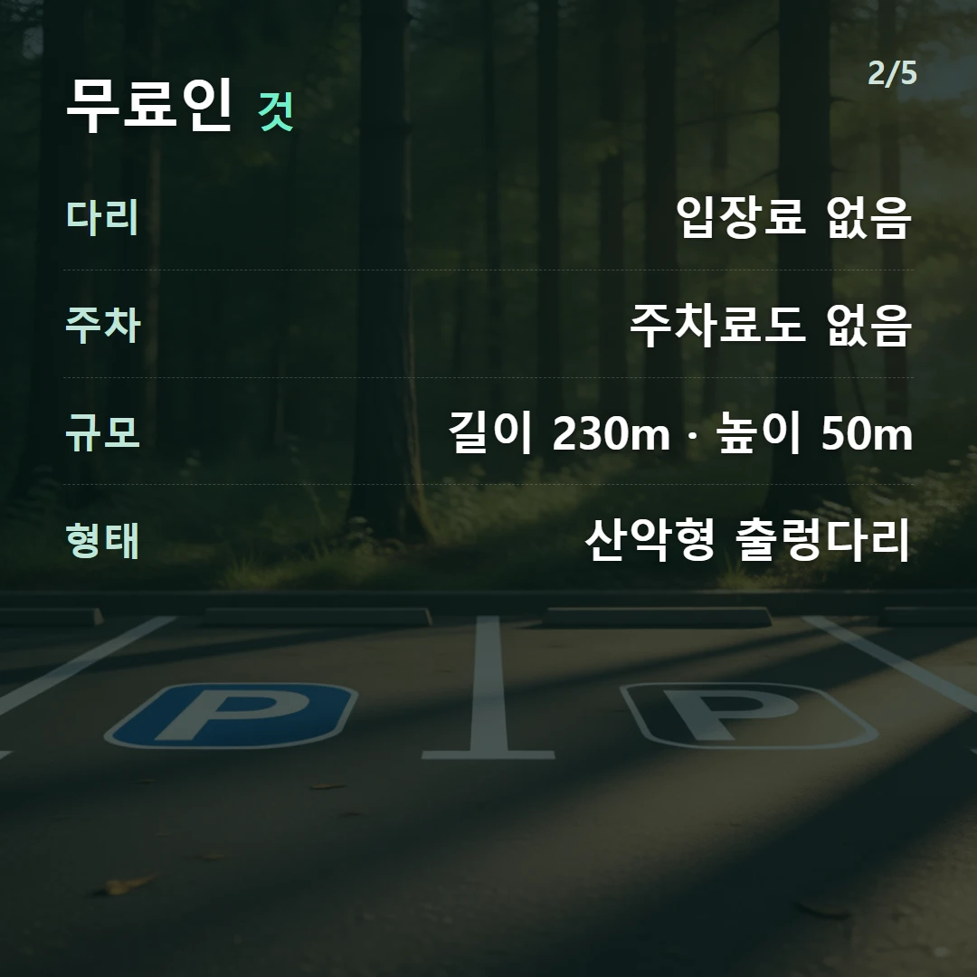 무료인 것 — 다리 입장료 없음, 주차 주차료도 없음, 규모 길이 230m · 높이 50m, 형태 산악형 출렁다리
