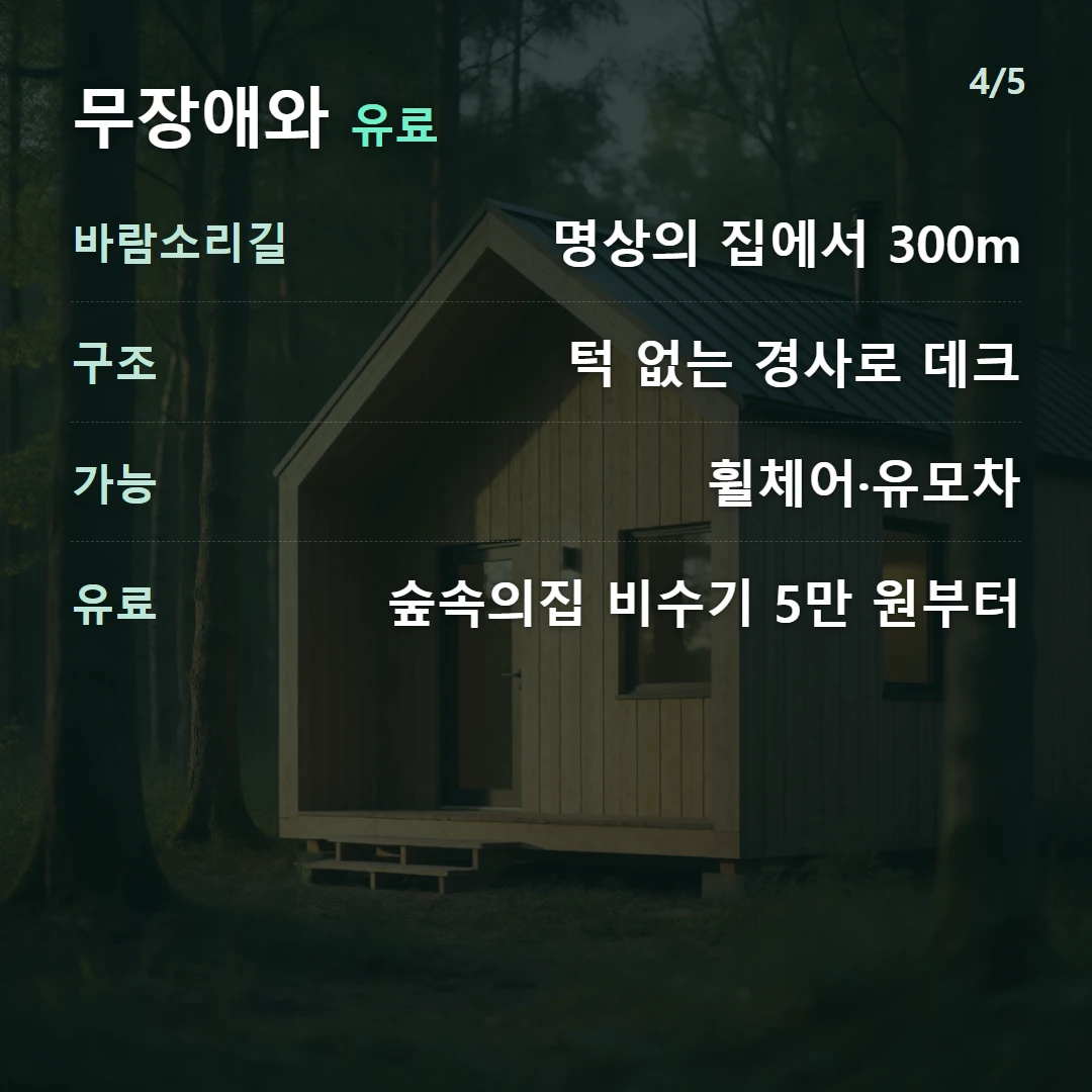 무장애와 유료 — 바람소리길 명상의 집에서 300m, 구조 턱 없는 경사로 데크, 가능 휠체어·유모차, 유료 숲속의집 비수기 5만 원부터