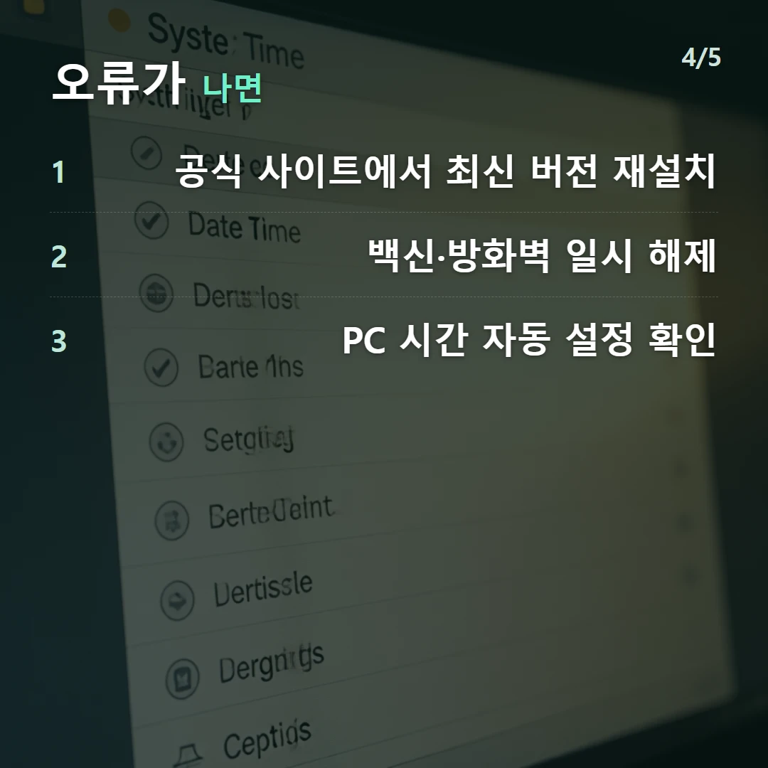 오류가 나면 — 1 공식 사이트에서 최신 버전 재설치, 2 백신·방화벽 일시 해제, 3 PC 시간 자동 설정 확인