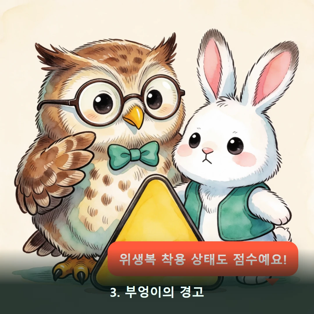 웹툰 3컷 — 3. 부엉이의 경고 (위생복 착용 상태도 점수예요!)