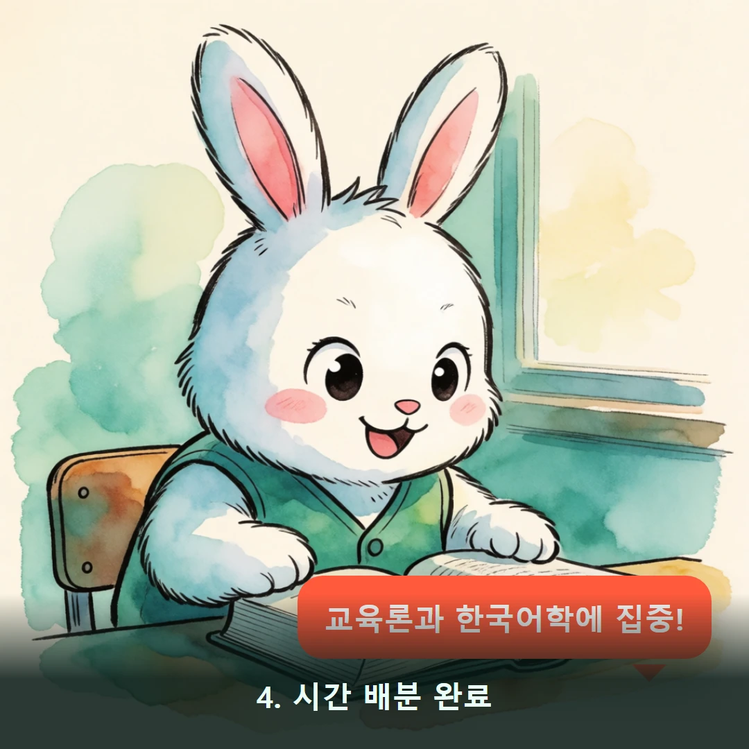 웹툰 4컷 — 4. 시간 배분 완료 (교육론과 한국어학에 집중!)