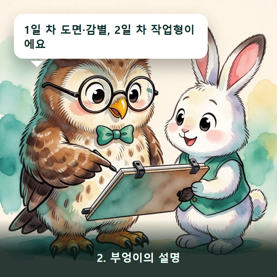 웹툰 2컷 — 2. 부엉이의 설명 (1일 차 도면·감별, 2일 차 작업형이에요)