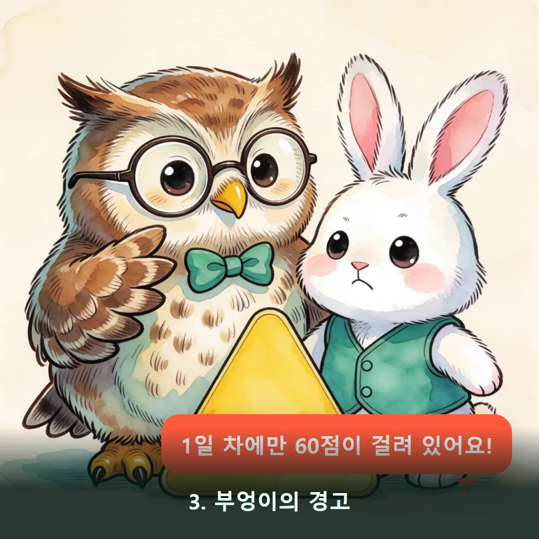 웹툰 3컷 — 3. 부엉이의 경고 (1일 차에만 60점이 걸려 있어요!)