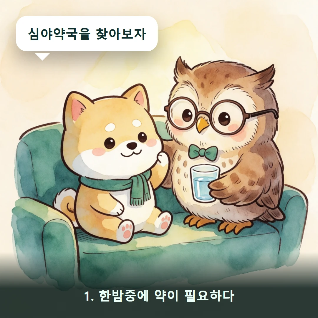 웹툰 1컷 — 1. 한밤중에 약이 필요하다 (심야약국을 찾아보자)