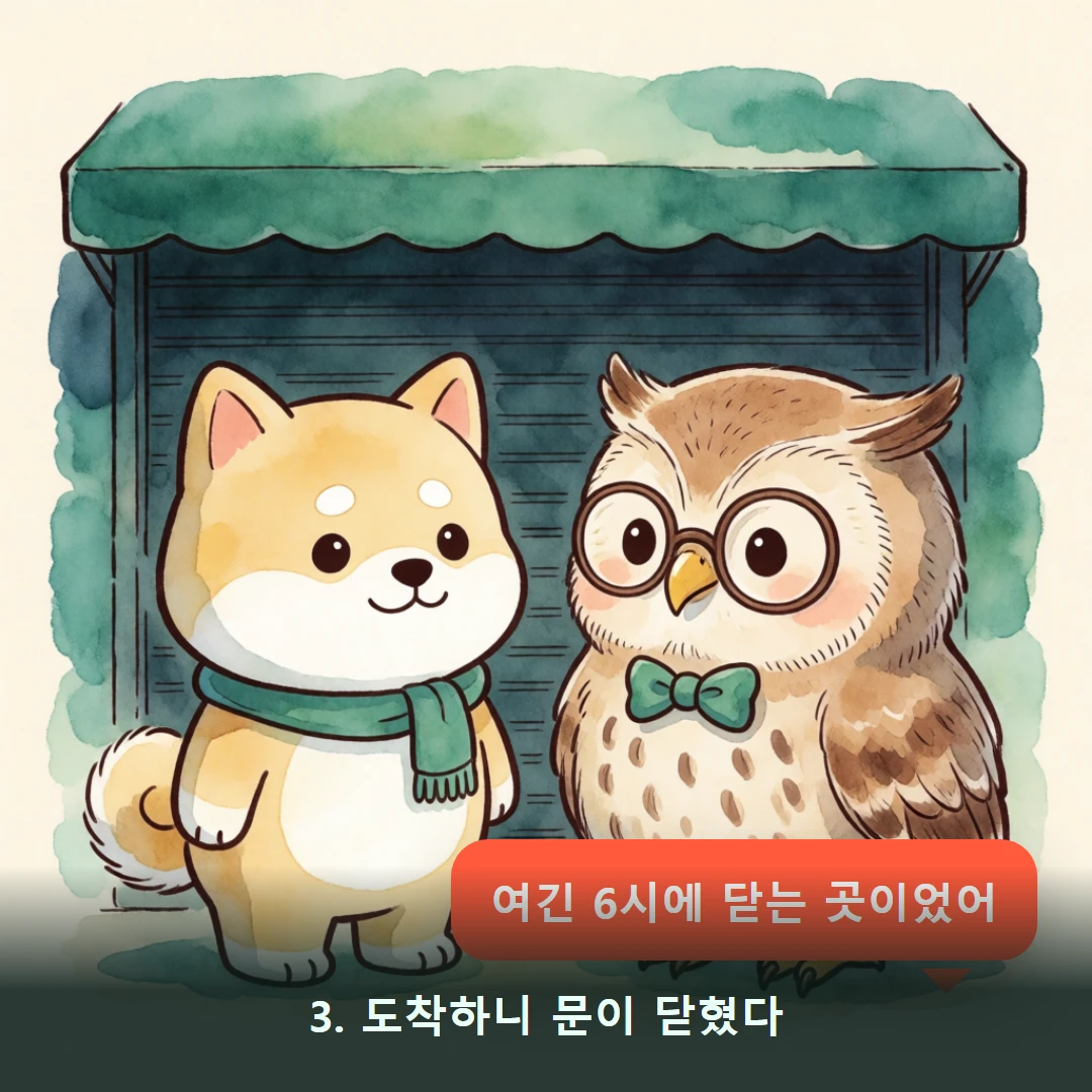 웹툰 3컷 — 3. 도착하니 문이 닫혔다 (여긴 6시에 닫는 곳이었어)