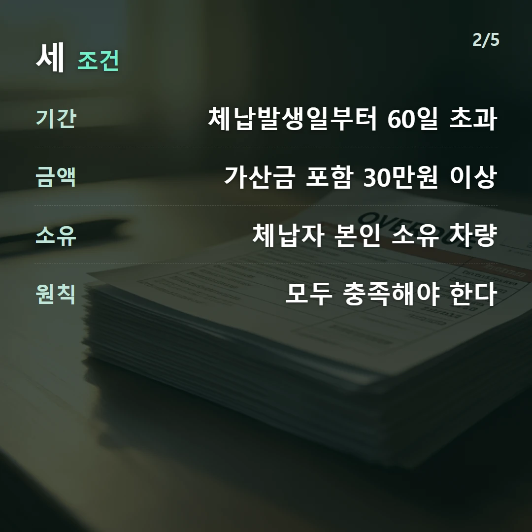 세 조건 — 기간 체납발생일부터 60일 초과, 금액 가산금 포함 30만원 이상, 소유 체납자 본인 소유 차량, 원칙 모두 충족해야 한다