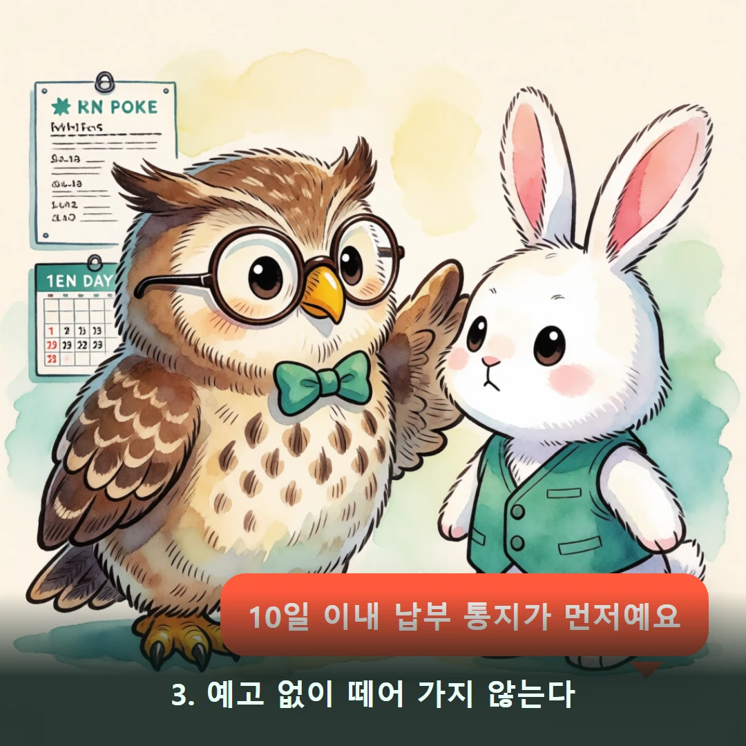 웹툰 3컷 — 3. 예고 없이 떼어 가지 않는다 (10일 이내 납부 통지가 먼저예요)