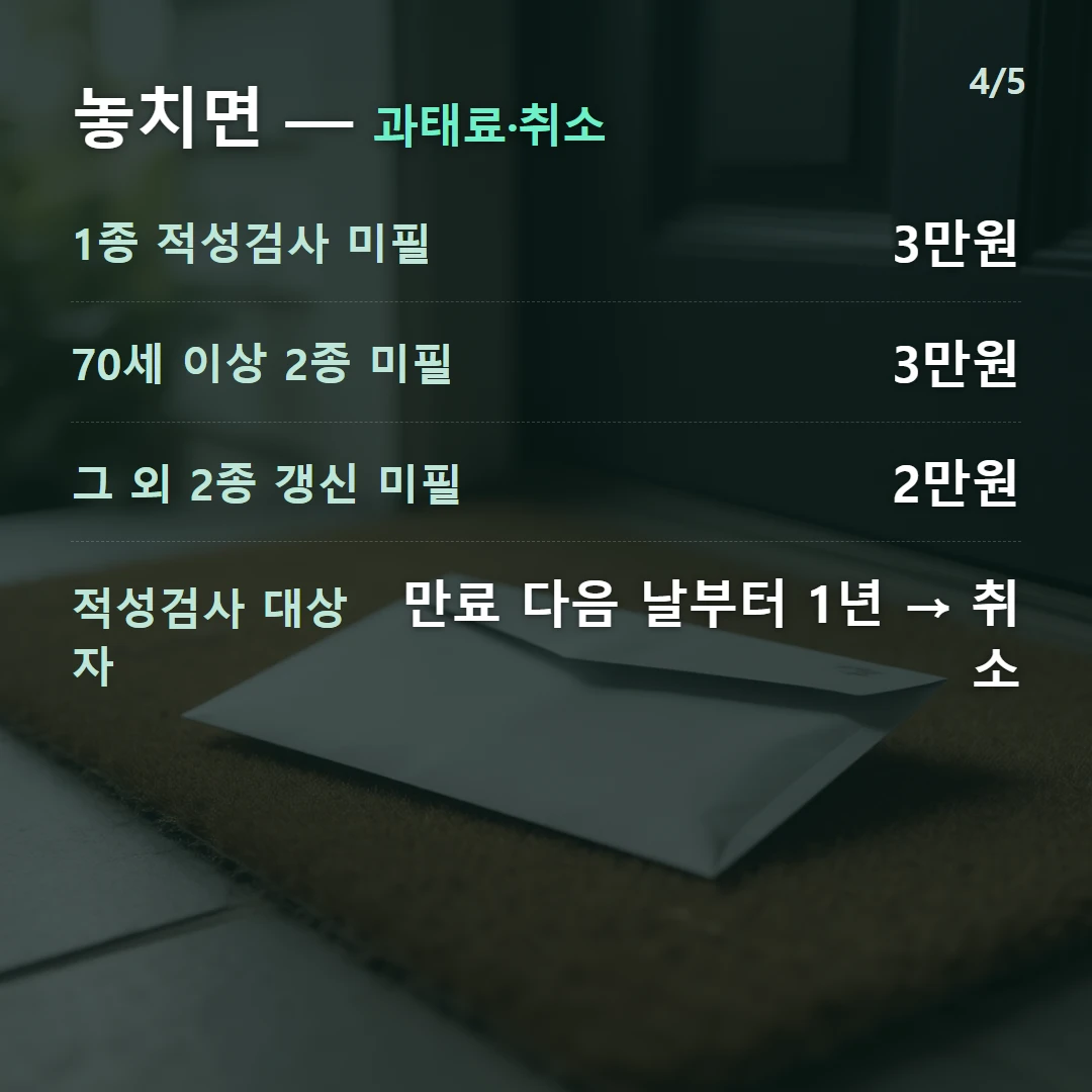 놓치면 — 과태료·취소 — 1종 적성검사 미필 3만원, 70세 이상 2종 미필 3만원, 그 외 2종 갱신 미필 2만원, 적성검사 대상자 만료 다음 날부터 1년 → 취소