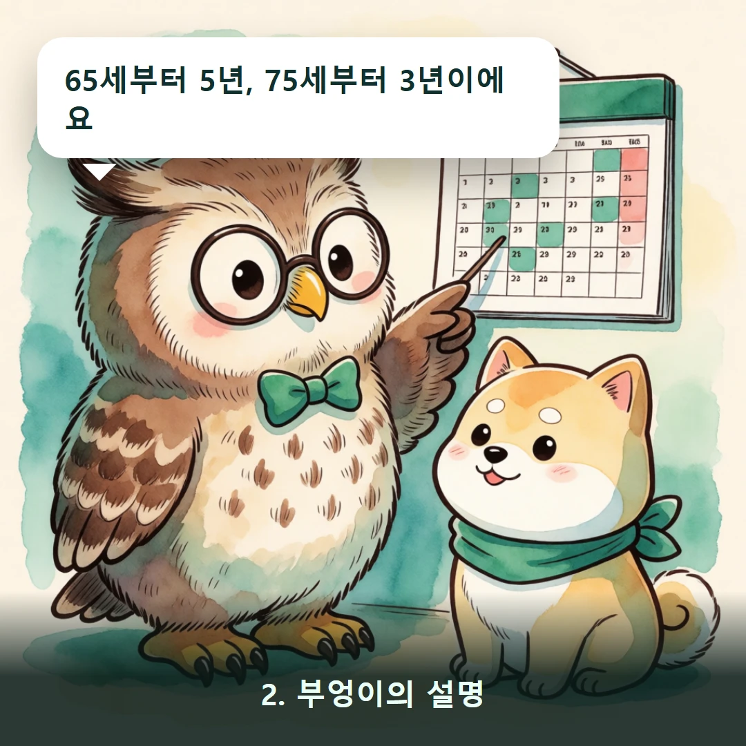 웹툰 2컷 — 2. 부엉이의 설명 (65세부터 5년, 75세부터 3년이에요)