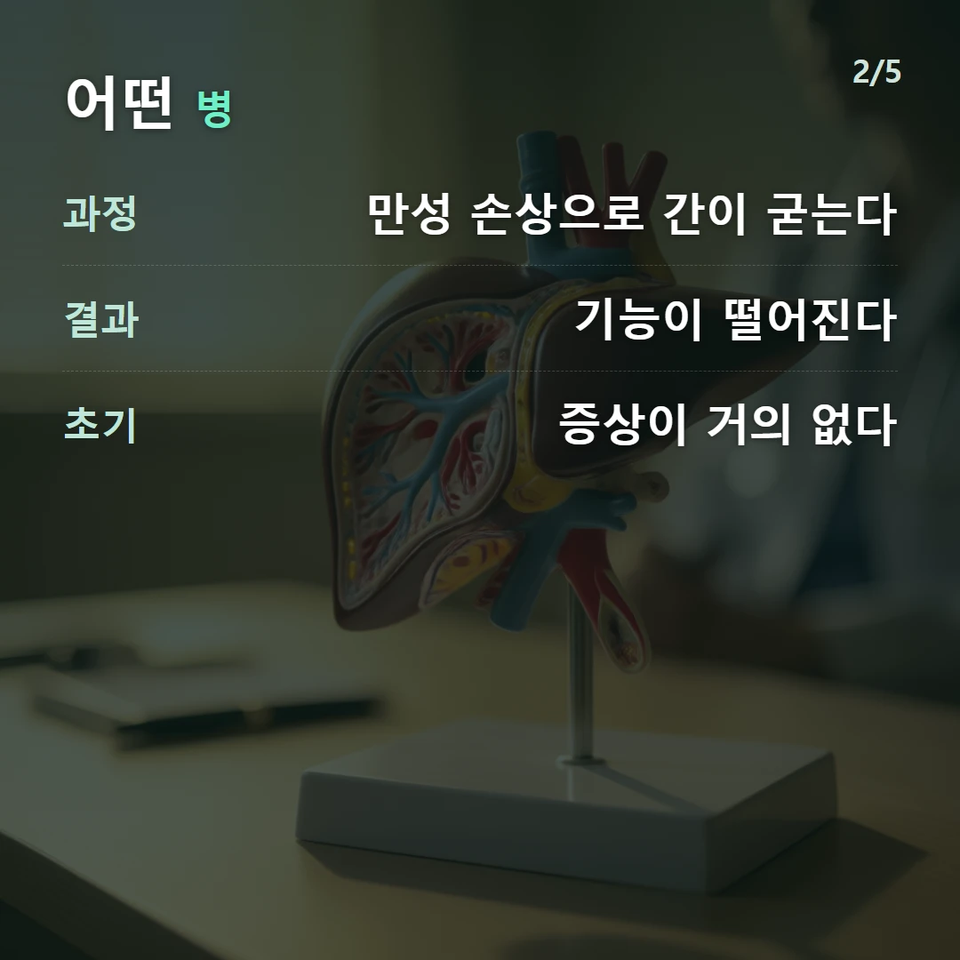어떤 병 — 과정 만성 손상으로 간이 굳는다, 결과 기능이 떨어진다, 초기 증상이 거의 없다
