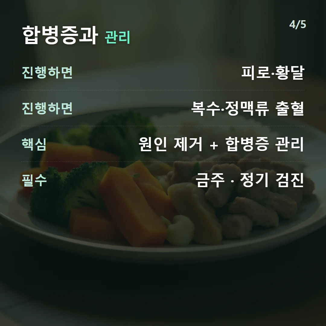 합병증과 관리 — 진행하면 피로·황달, 진행하면 복수·정맥류 출혈, 핵심 원인 제거 + 합병증 관리, 필수 금주 · 정기 검진