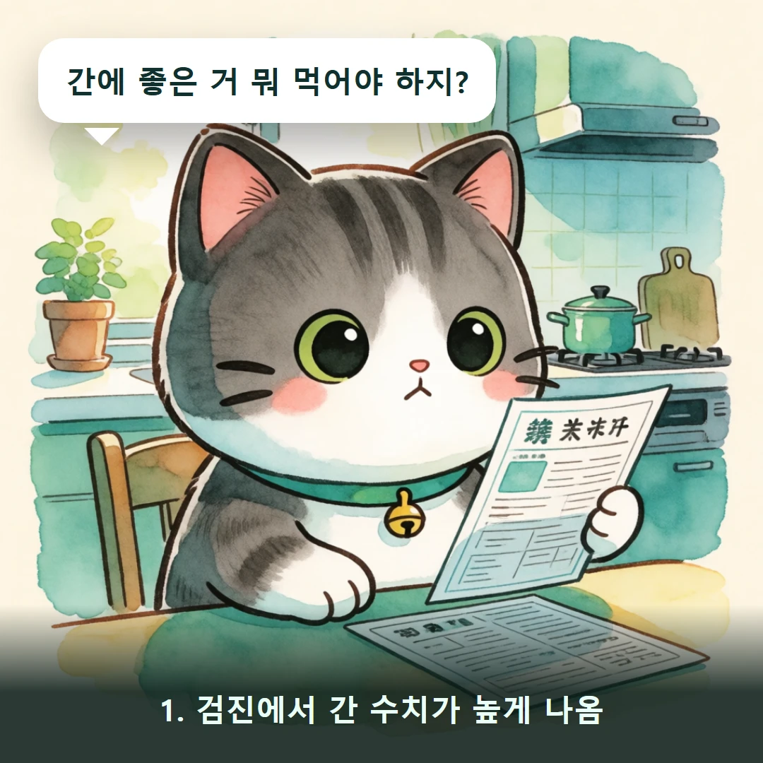 웹툰 1컷 — 1. 검진에서 간 수치가 높게 나옴 (간에 좋은 거 뭐 먹어야 하지?)