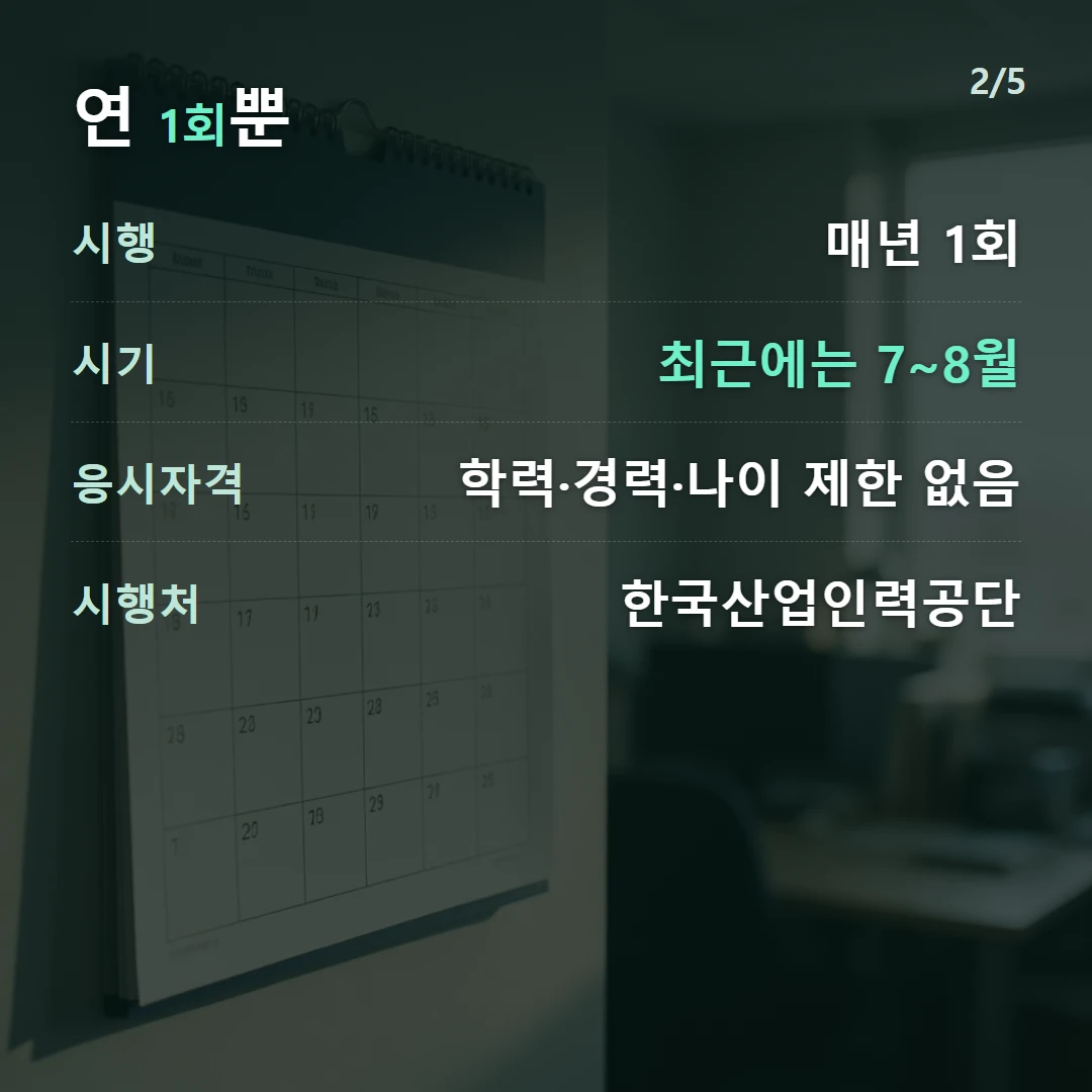 연 1회뿐 — 시행 매년 1회, 시기 최근에는 7~8월, 응시자격 학력·경력·나이 제한 없음, 시행처 한국산업인력공단