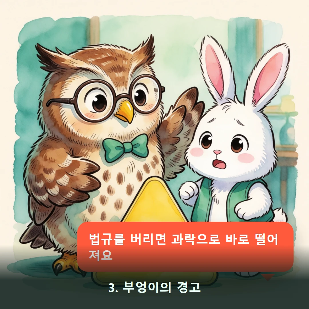 웹툰 3컷 — 3. 부엉이의 경고 (법규를 버리면 과락으로 바로 떨어져요)