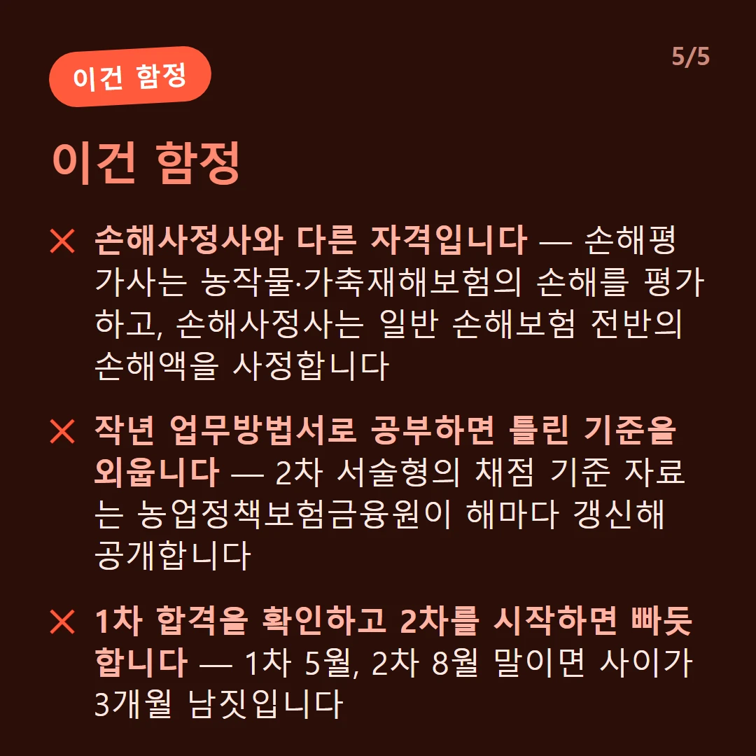 이건 함정 — 손해사정사와 다른 자격입니다 — 손해평가사는 농작물·가축재해보험의 손해를 평가하고, 손해사정사는 일반 손해보험 전반의 손해액을 사정합니다 / 작년 업무방법서로 공부하면 틀린 기준을 외웁니다 — 2차 서술형의 채점 기준 자료는 농업정책보험금융원이 해마다 갱신해 공개합니다 / 1차 합격을 확인하고 2차를 시작하면 빠듯합니다 — 1차 5월, 2차 8월 말이면 사이가 3개월 남짓입니다 / 2차 합격률이 1차보다 크게 낮습니다 — 객관식은 찍기라도 되지만 서술형은 답을 직접 써야 합니다