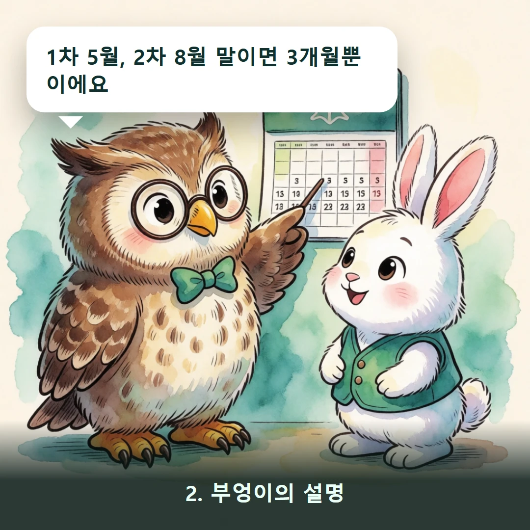 웹툰 2컷 — 2. 부엉이의 설명 (1차 5월, 2차 8월 말이면 3개월뿐이에요)