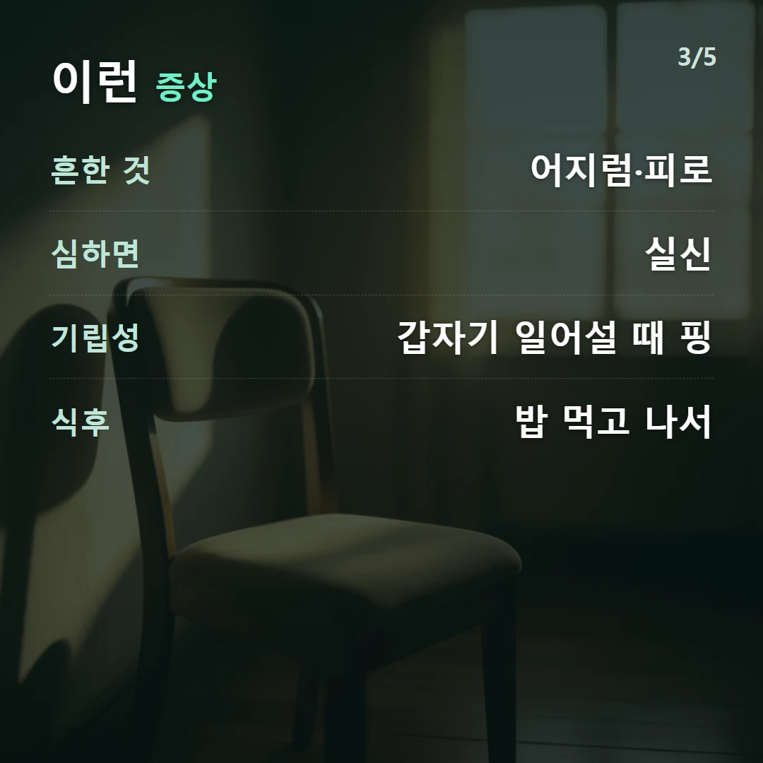 이런 증상 — 흔한 것 어지럼·피로, 심하면 실신, 기립성 갑자기 일어설 때 핑, 식후 밥 먹고 나서