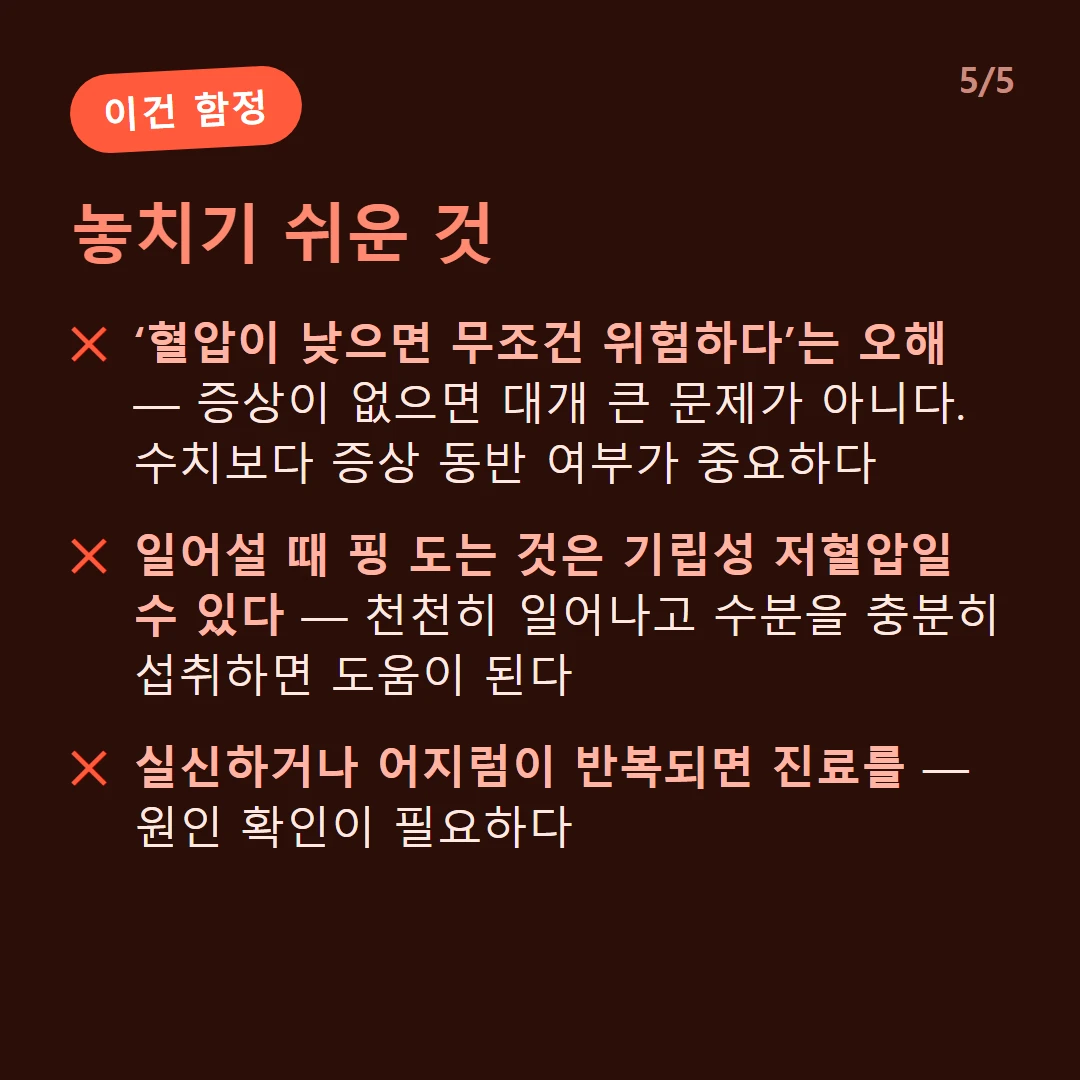 놓치기 쉬운 것 — ‘혈압이 낮으면 무조건 위험하다’는 오해 — 증상이 없으면 대개 큰 문제가 아니다. 수치보다 증상 동반 여부가 중요하다 / 일어설 때 핑 도는 것은 기립성 저혈압일 수 있다 — 천천히 일어나고 수분을 충분히 섭취하면 도움이 된다 / 실신하거나 어지럼이 반복되면 진료를 — 원인 확인이 필요하다