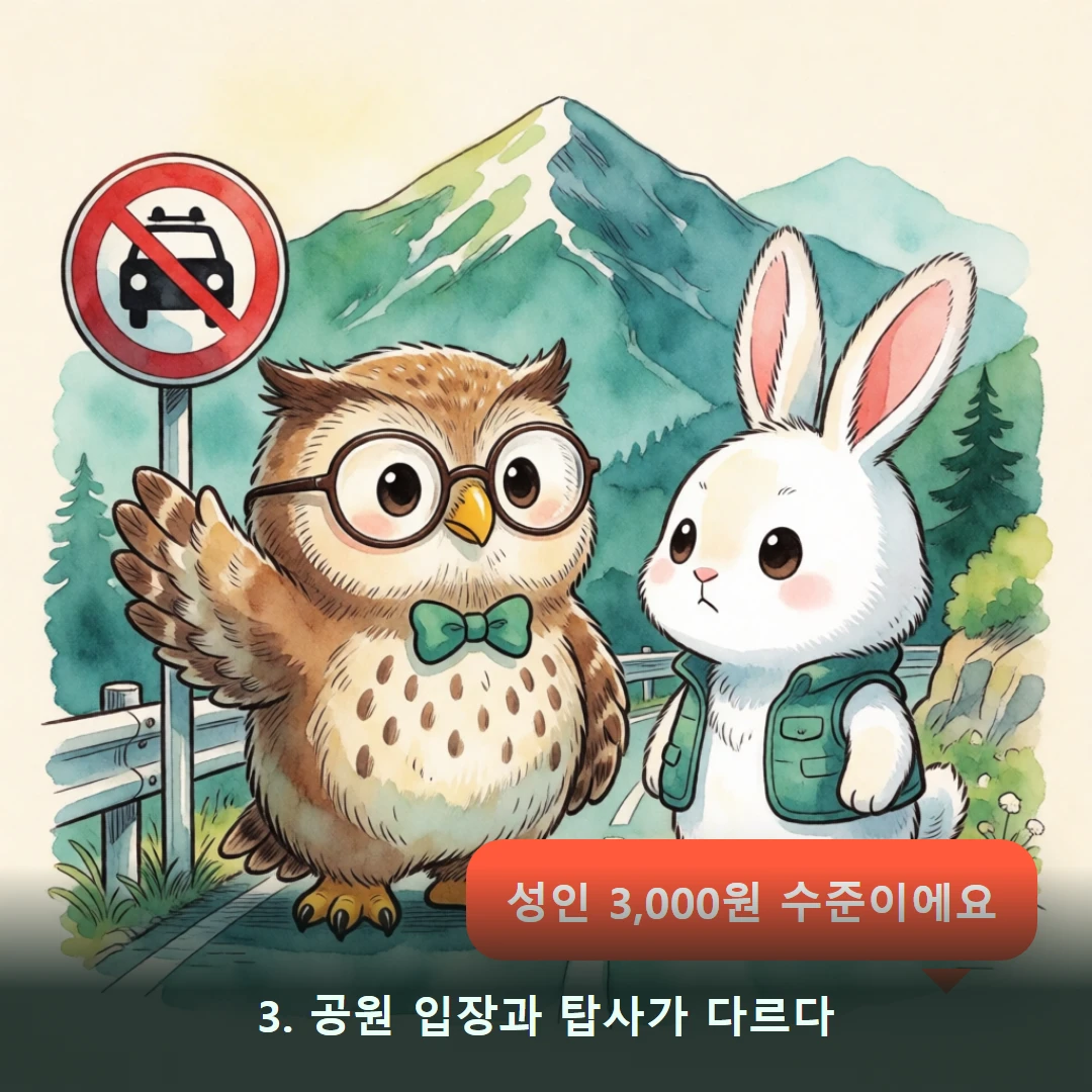 웹툰 3컷 — 3. 공원 입장과 탑사가 다르다 (성인 3,000원 수준이에요)
