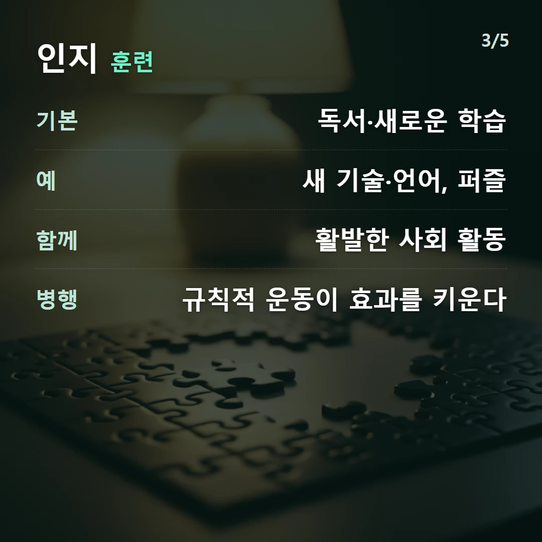 인지 훈련 — 기본 독서·새로운 학습, 예 새 기술·언어, 퍼즐, 함께 활발한 사회 활동, 병행 규칙적 운동이 효과를 키운다