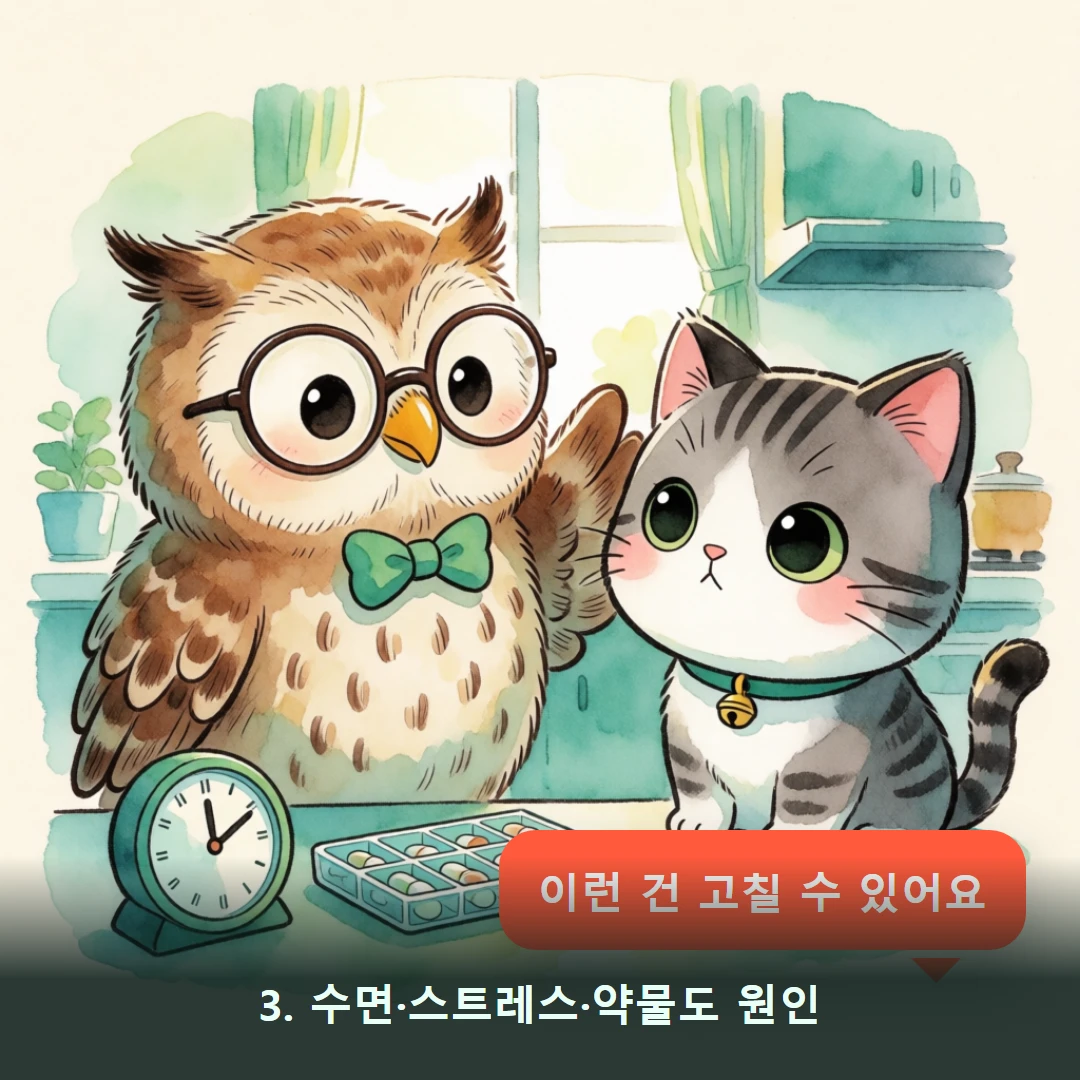 웹툰 3컷 — 3. 수면·스트레스·약물도 원인 (이런 건 고칠 수 있어요)