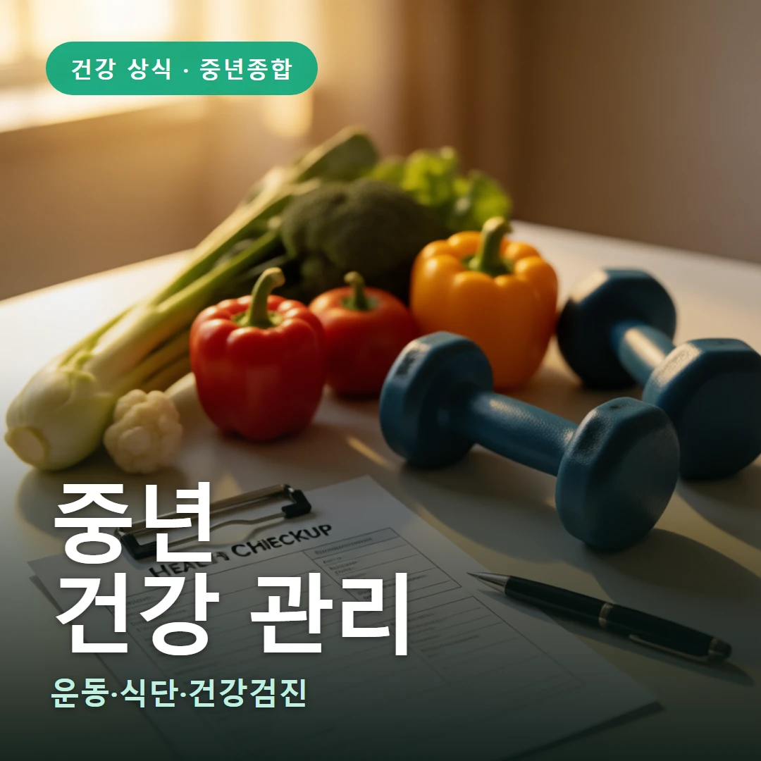 중년 요약 표지 — 운동·식단·건강검진