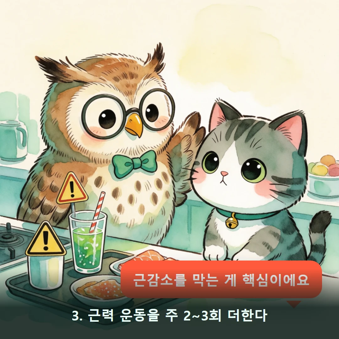 웹툰 3컷 — 3. 근력 운동을 주 2~3회 더한다 (근감소를 막는 게 핵심이에요)