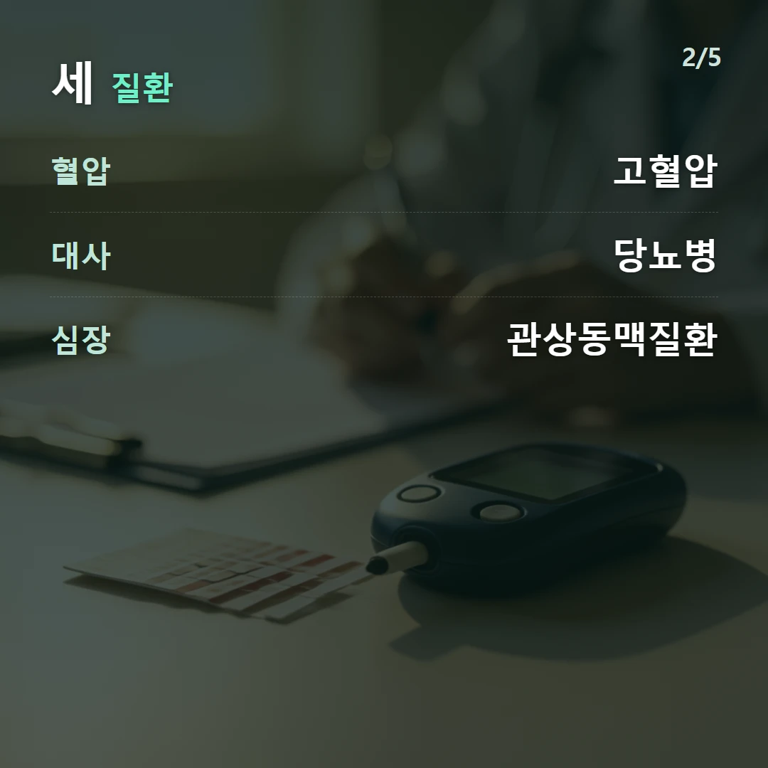 세 질환 — 혈압 고혈압, 대사 당뇨병, 심장 관상동맥질환