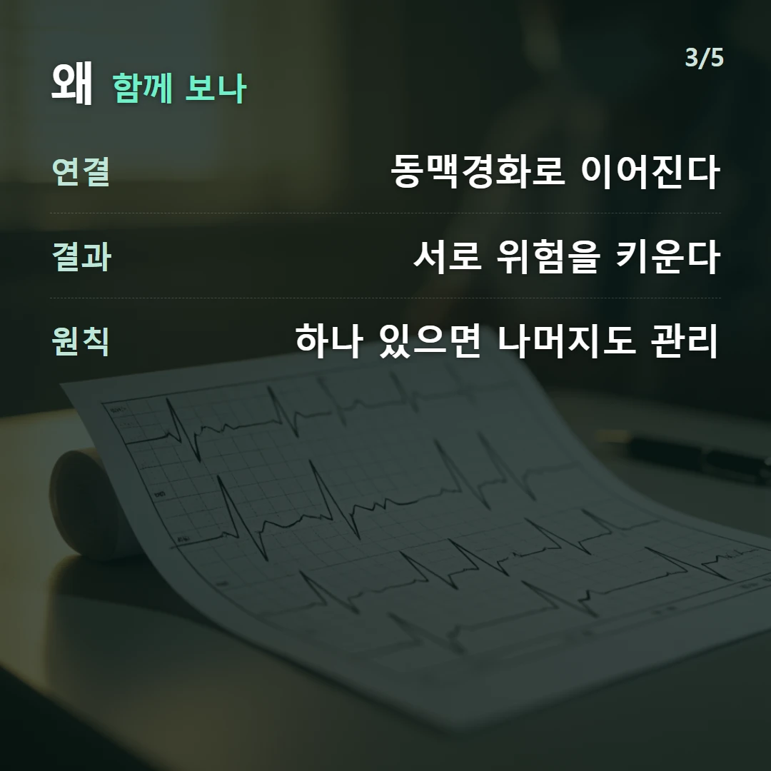 왜 함께 보나 — 연결 동맥경화로 이어진다, 결과 서로 위험을 키운다, 원칙 하나 있으면 나머지도 관리