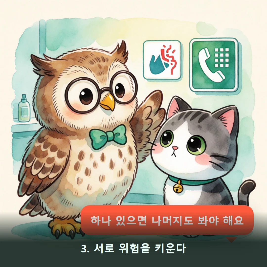 웹툰 3컷 — 3. 서로 위험을 키운다 (하나 있으면 나머지도 봐야 해요)