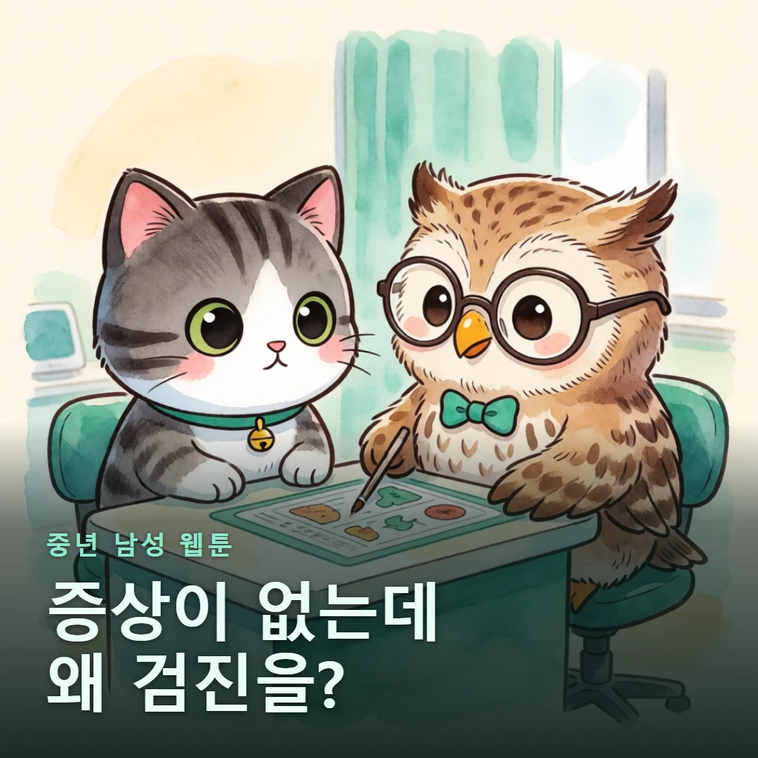 중년 남성 웹툰 표지 — 증상이 없는데 왜 검진을?