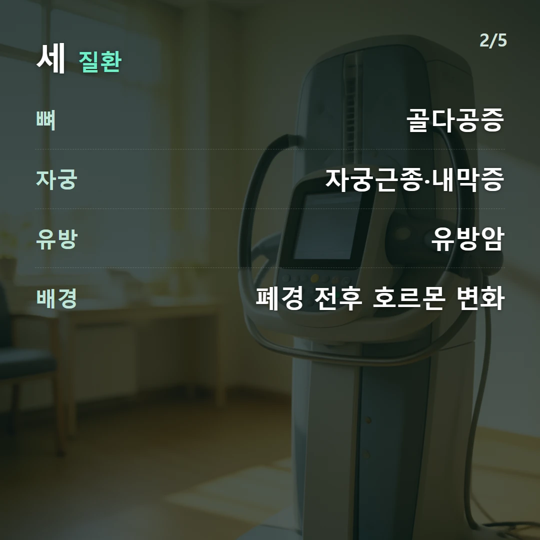 세 질환 — 뼈 골다공증, 자궁 자궁근종·내막증, 유방 유방암, 배경 폐경 전후 호르몬 변화
