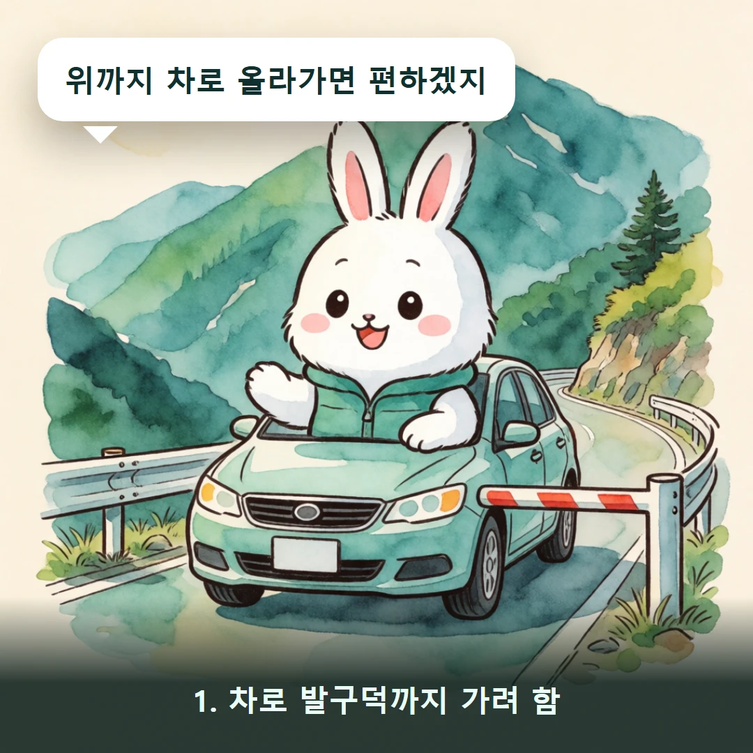 웹툰 1컷 — 1. 차로 발구덕까지 가려 함 (위까지 차로 올라가면 편하겠지)