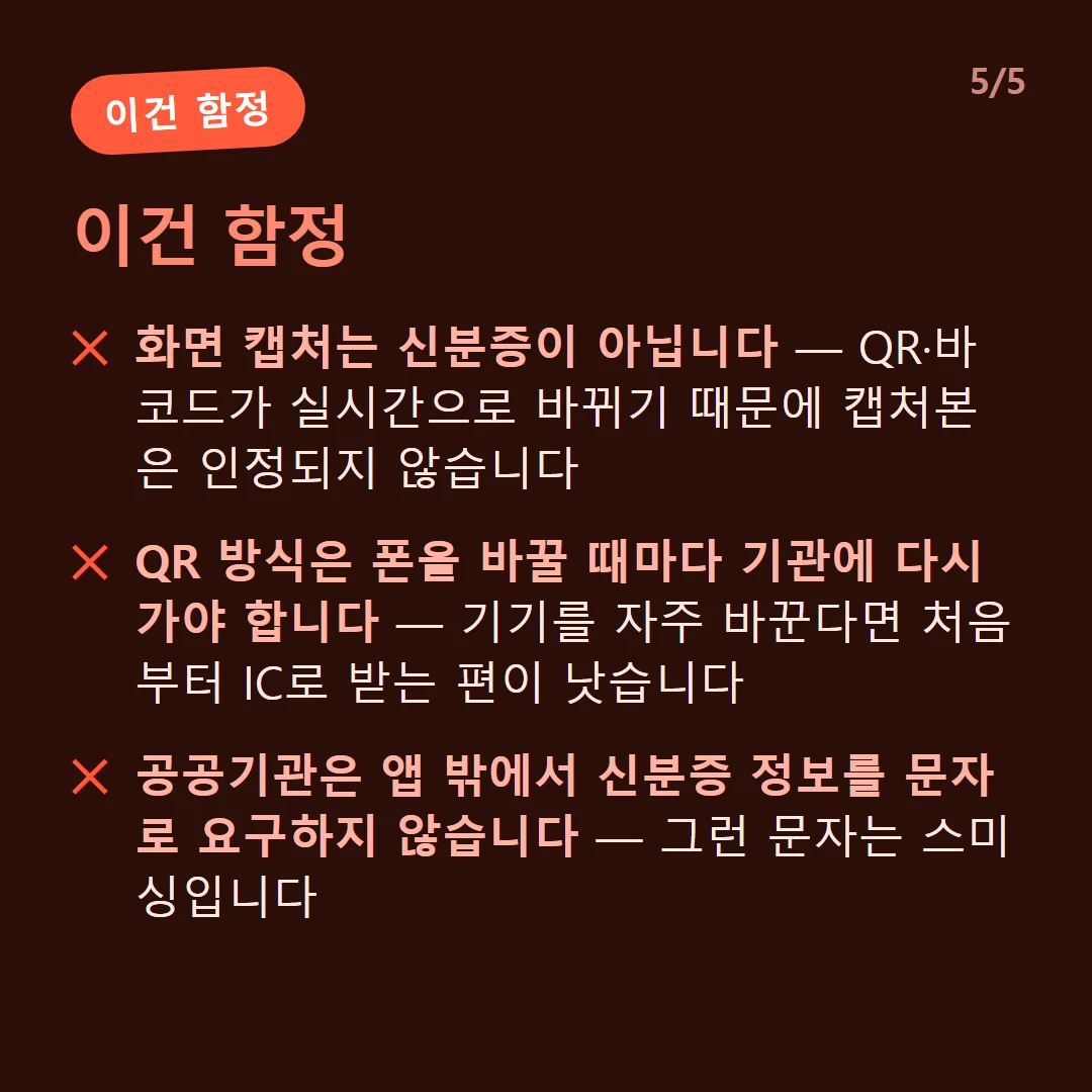 이건 함정 — 화면 캡처는 신분증이 아닙니다 — QR·바코드가 실시간으로 바뀌기 때문에 캡처본은 인정되지 않습니다 / QR 방식은 폰을 바꿀 때마다 기관에 다시 가야 합니다 — 기기를 자주 바꾼다면 처음부터 IC로 받는 편이 낫습니다 / 공공기관은 앱 밖에서 신분증 정보를 문자로 요구하지 않습니다 — 그런 문자는 스미싱입니다