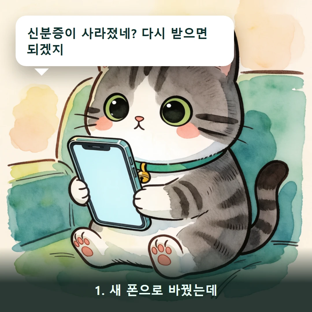 웹툰 1컷 — 1. 새 폰으로 바꿨는데 (신분증이 사라졌네? 다시 받으면 되겠지)
