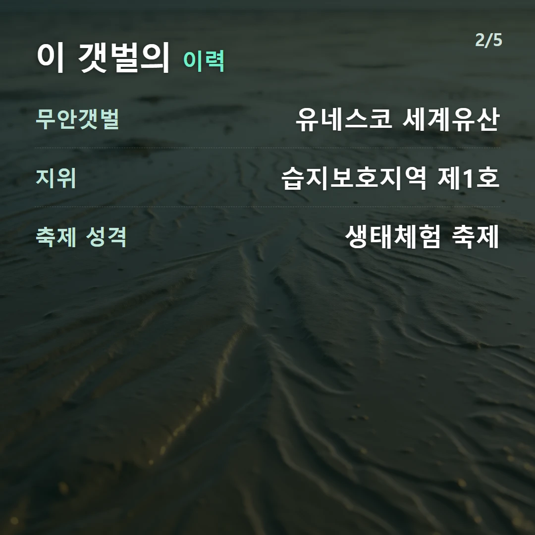 이 갯벌의 이력 — 무안갯벌 유네스코 세계유산, 지위 습지보호지역 제1호, 축제 성격 생태체험 축제