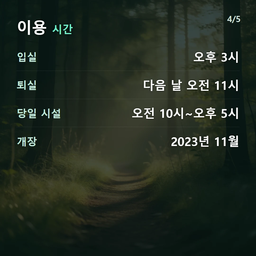 이용 시간 — 입실 오후 3시, 퇴실 다음 날 오전 11시, 당일 시설 오전 10시~오후 5시, 개장 2023년 11월