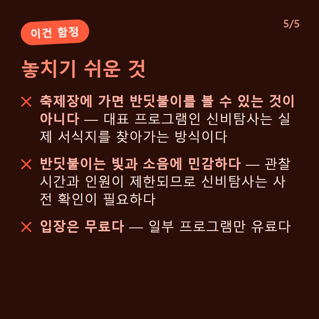 놓치기 쉬운 것 — 축제장에 가면 반딧불이를 볼 수 있는 것이 아니다 — 대표 프로그램인 신비탐사는 실제 서식지를 찾아가는 방식이다 / 반딧불이는 빛과 소음에 민감하다 — 관찰 시간과 인원이 제한되므로 신비탐사는 사전 확인이 필요하다 / 입장은 무료다 — 일부 프로그램만 유료다