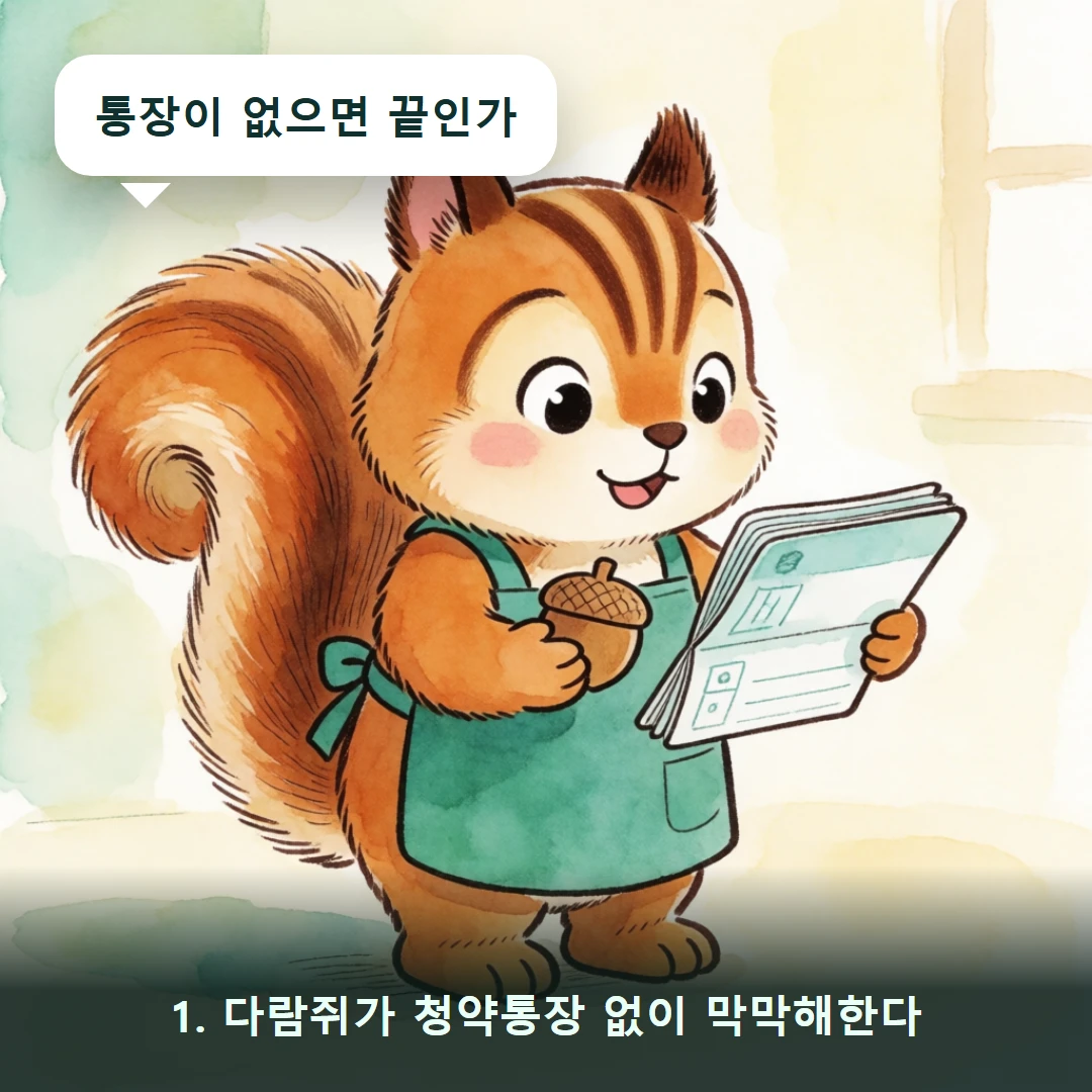 웹툰 1컷 — 1. 다람쥐가 청약통장 없이 막막해한다 (통장이 없으면 끝인가)