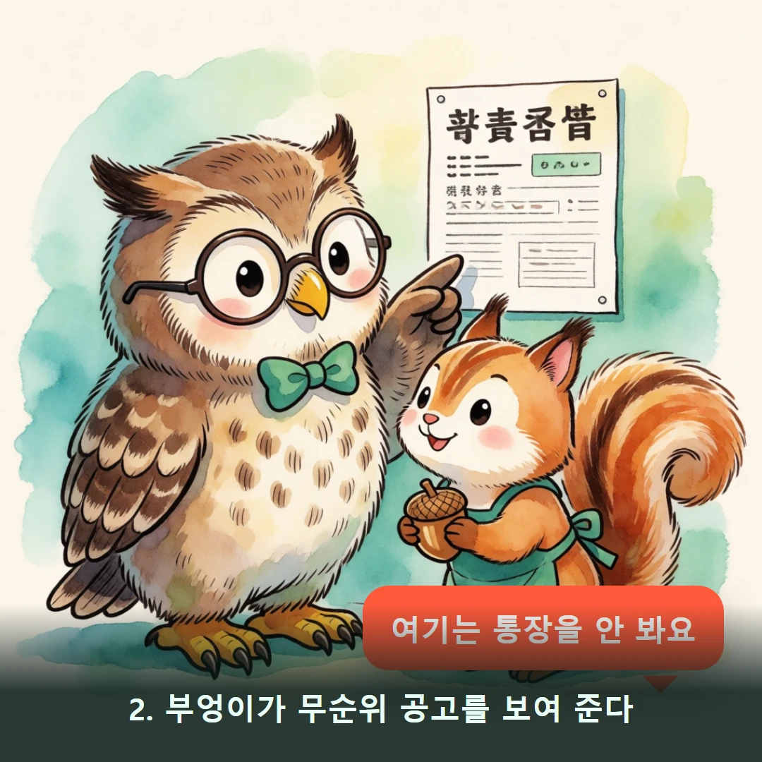 웹툰 2컷 — 2. 부엉이가 무순위 공고를 보여 준다 (여기는 통장을 안 봐요)