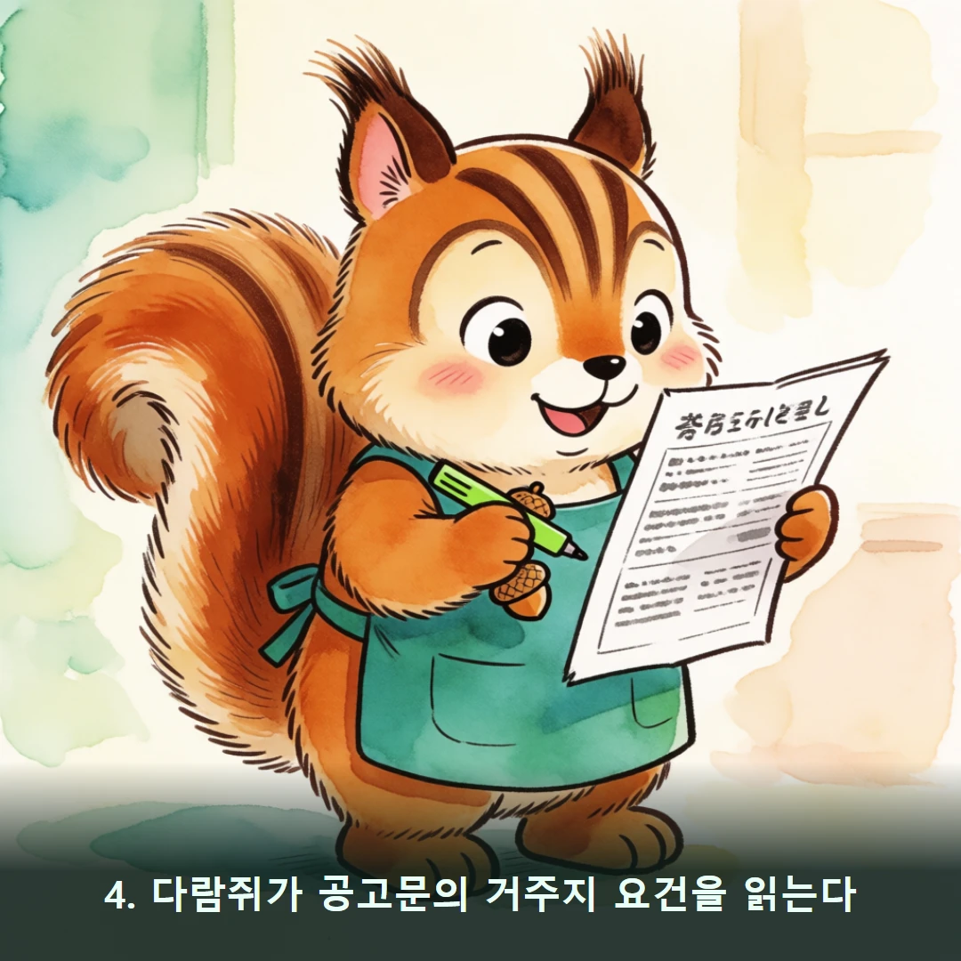 웹툰 4컷 — 4. 다람쥐가 공고문의 거주지 요건을 읽는다