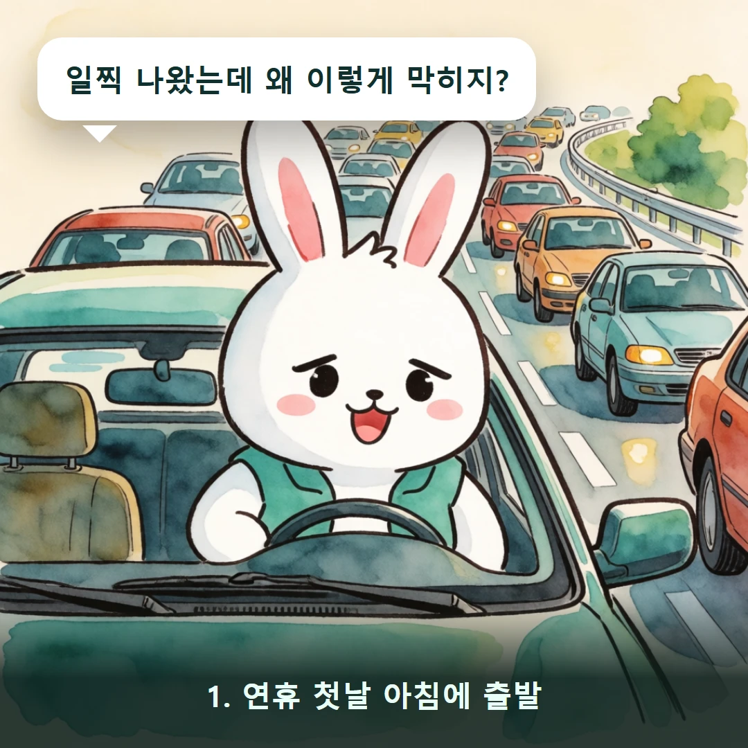 웹툰 1컷 — 1. 연휴 첫날 아침에 출발 (일찍 나왔는데 왜 이렇게 막히지?)