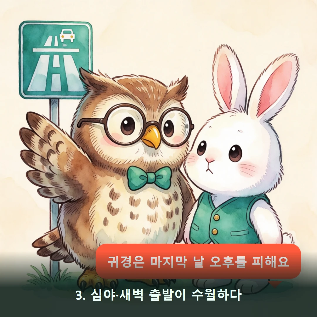 웹툰 3컷 — 3. 심야·새벽 출발이 수월하다 (귀경은 마지막 날 오후를 피해요)