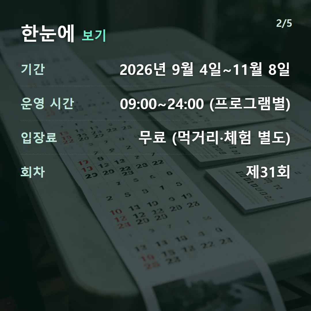 한눈에 보기 — 기간 2026년 9월 4일~11월 8일, 운영 시간 09:00~24:00 (프로그램별), 입장료 무료 (먹거리·체험 별도), 회차 제31회