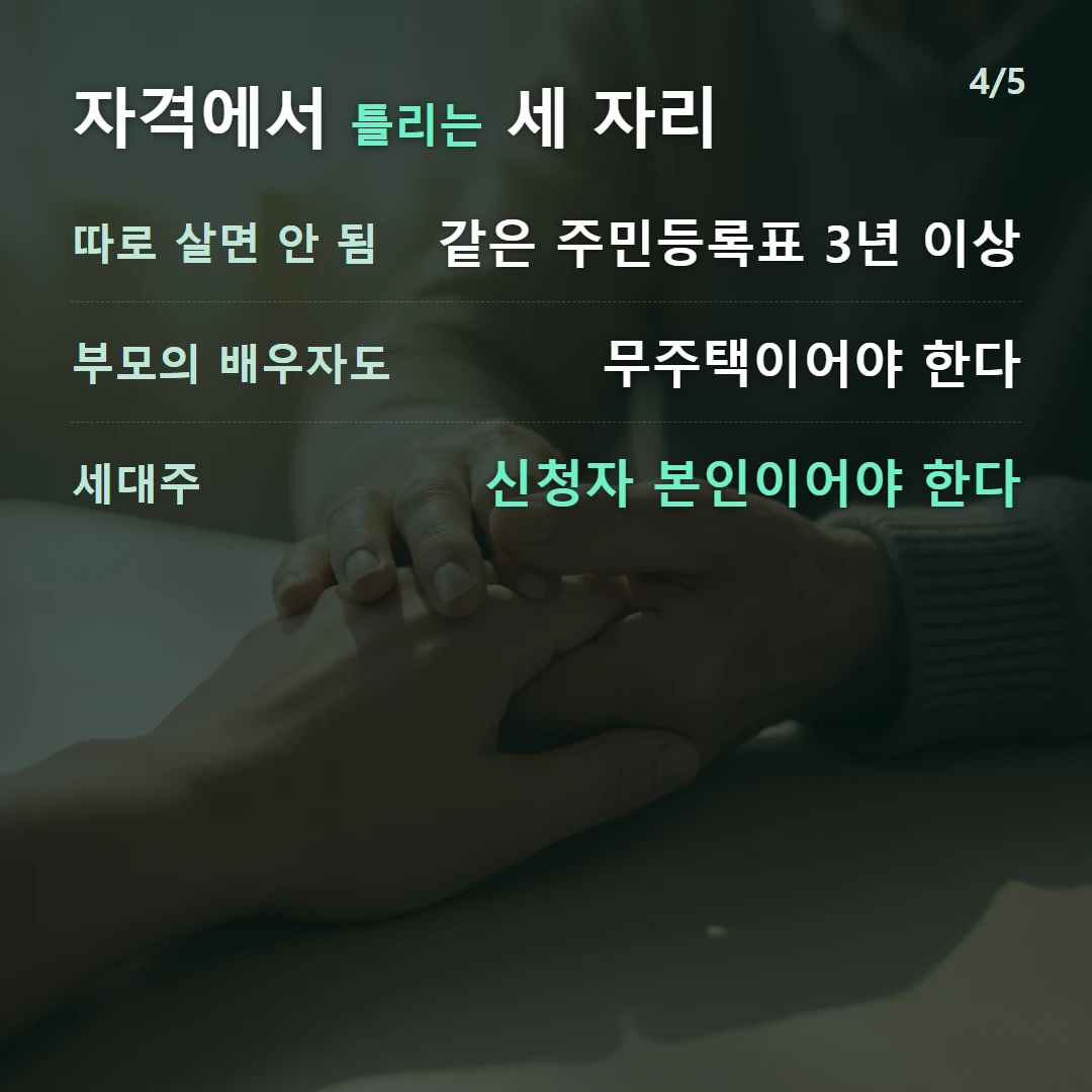 자격에서 틀리는 세 자리 — 따로 살면 안 됨 같은 주민등록표 3년 이상, 부모의 배우자도 무주택이어야 한다, 세대주 신청자 본인이어야 한다