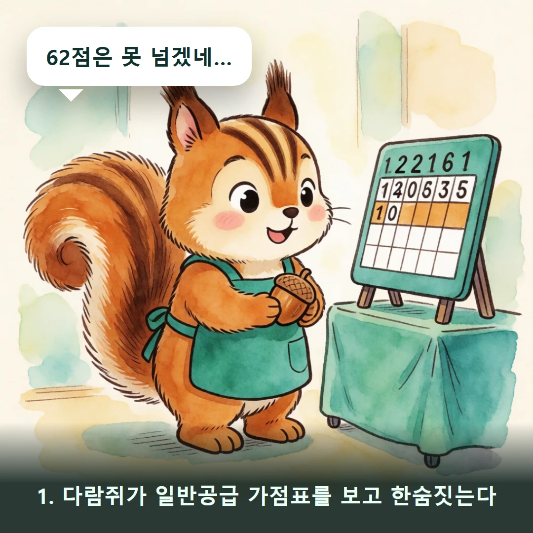 웹툰 1컷 — 1. 다람쥐가 일반공급 가점표를 보고 한숨짓는다 (62점은 못 넘겠네…)