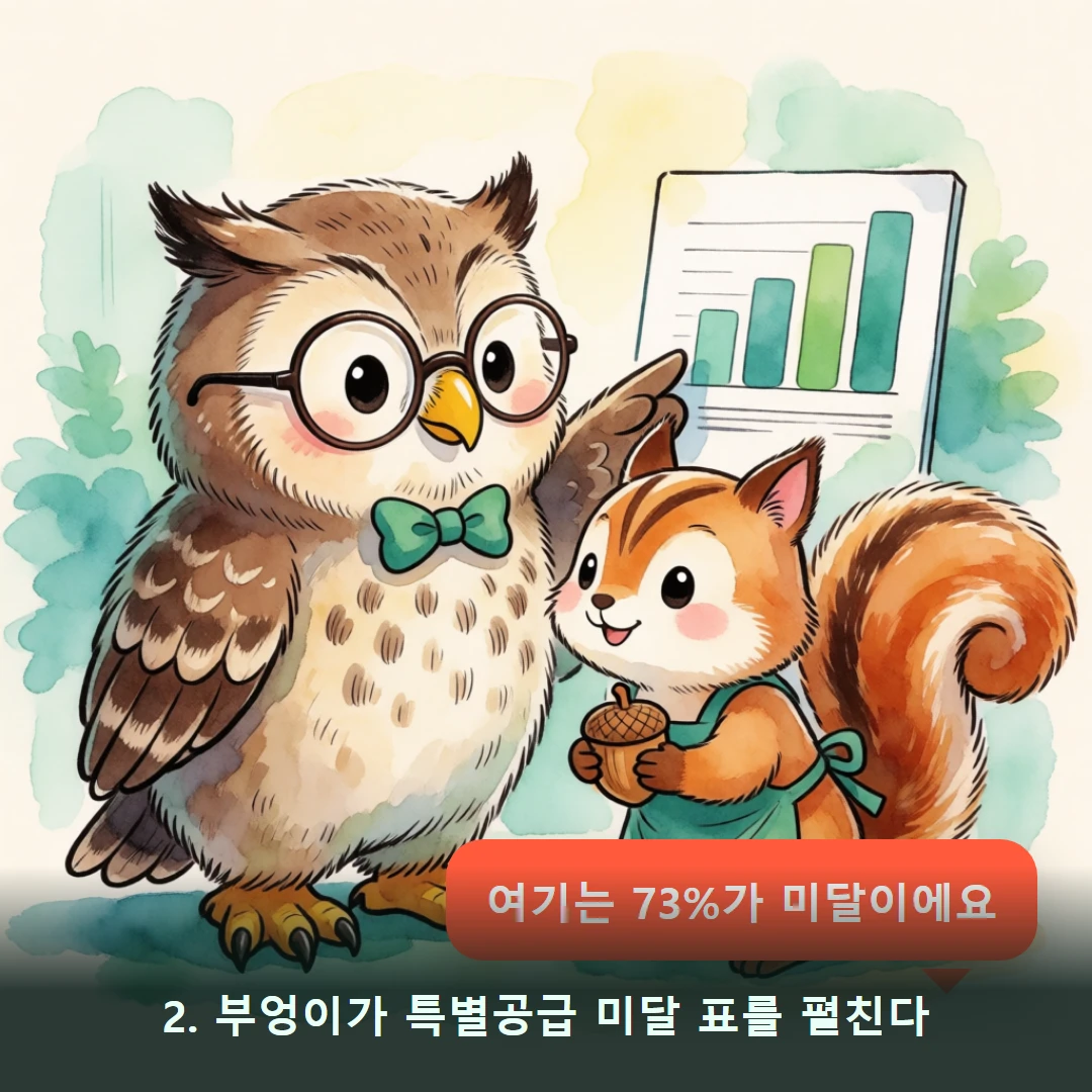 웹툰 2컷 — 2. 부엉이가 특별공급 미달 표를 펼친다 (여기는 73%가 미달이에요)