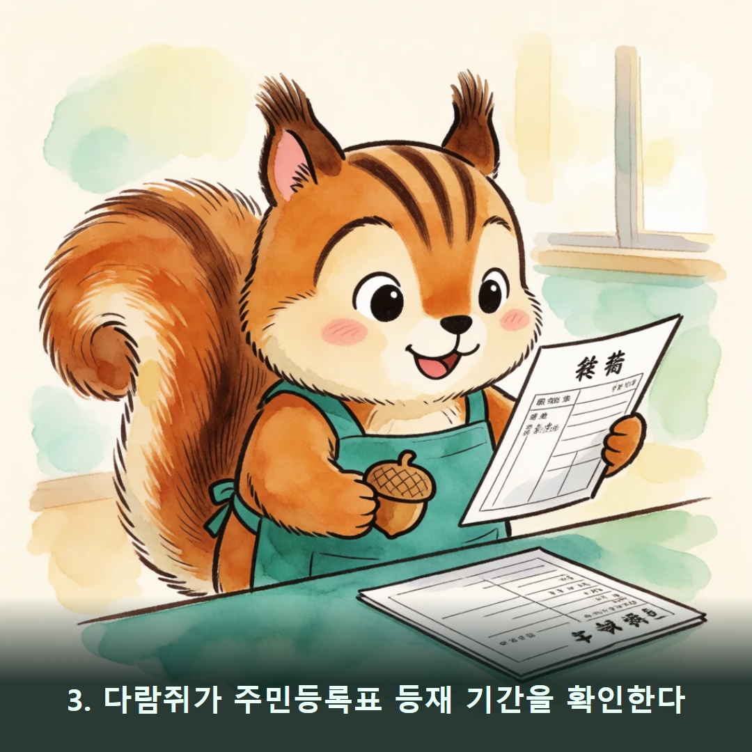 웹툰 3컷 — 3. 다람쥐가 주민등록표 등재 기간을 확인한다